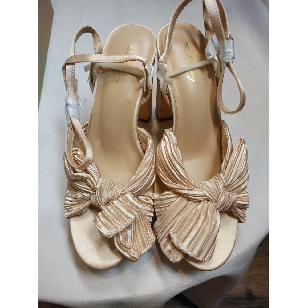 Elisabet Tang Nude Satin Pleated Bow Platform Block Heel Sandals Size 9.5